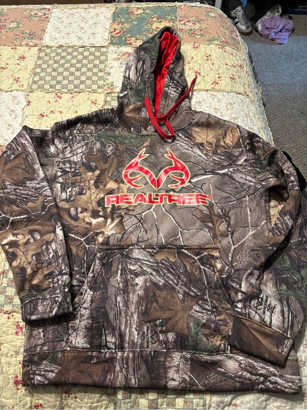 Realtree Men's Realtree Camo Crewneck Hoodie with Red Logo and Lined Hood